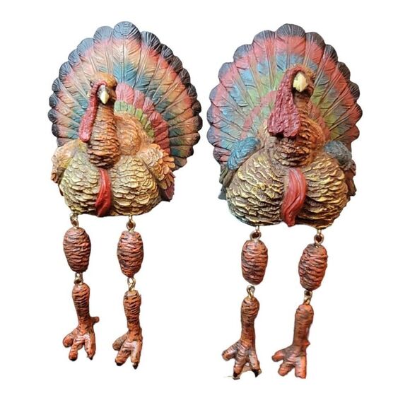 Set of 2 Turkey Thanksgiving Shelf Sitter Window Sill Decoration Door Hanger - Picture 1 of 12